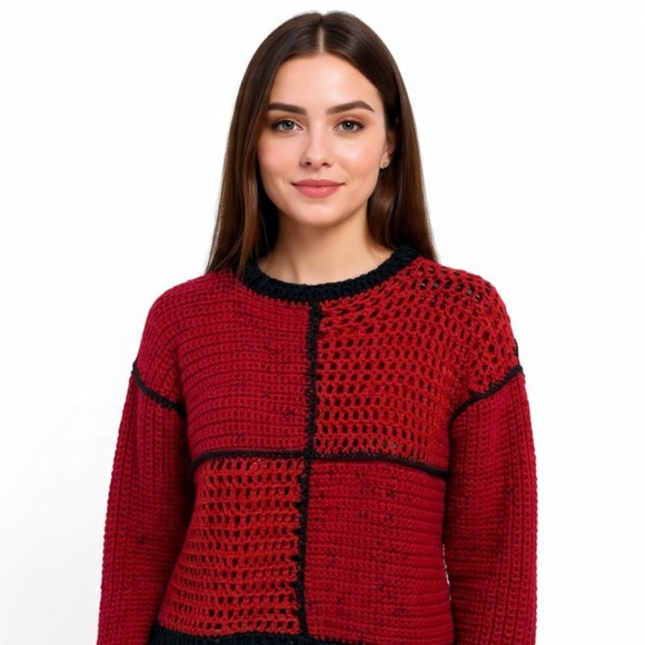 ARTISAN Colorblock Crochet Pullover Mesh Sweater NEW Red Black Hand Crafted - Picture 7 of 8